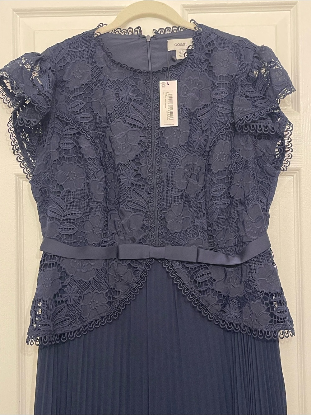 Coast Navy Lace & Pleated Midi Dress with Waist Ribbon - Picture 5 of 5